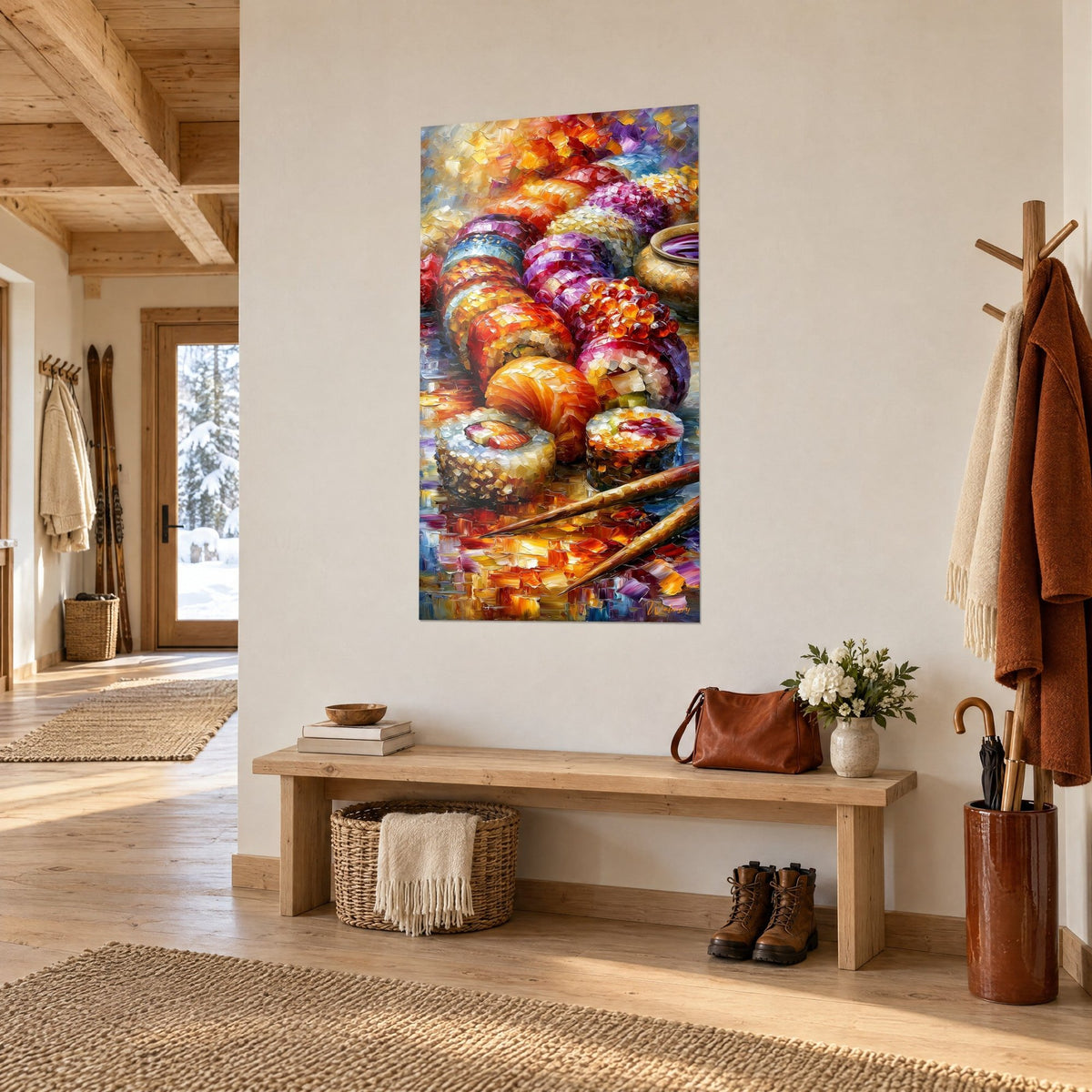 Quadro maki arrotolati in porpora e salmone, perle ikura ambrate e bacchette ramate, vista di scorcio nell'ingresso di uno chalet