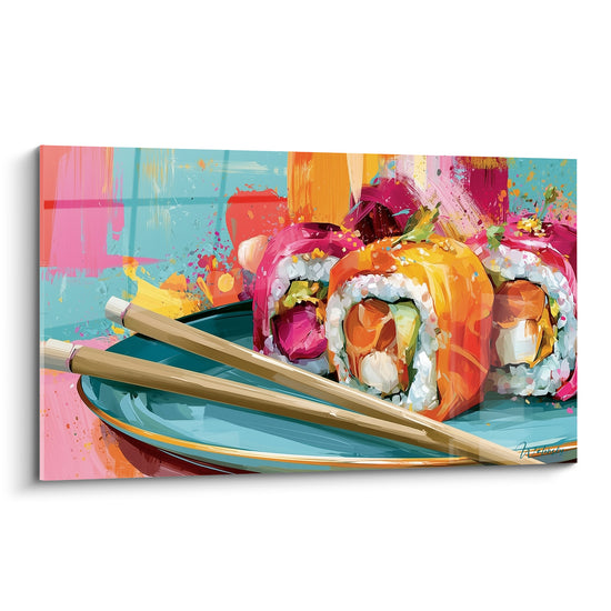 Rouleaux de sushi orange et rose fuchsia peints sur assiette turquoise avec baguettes en bois