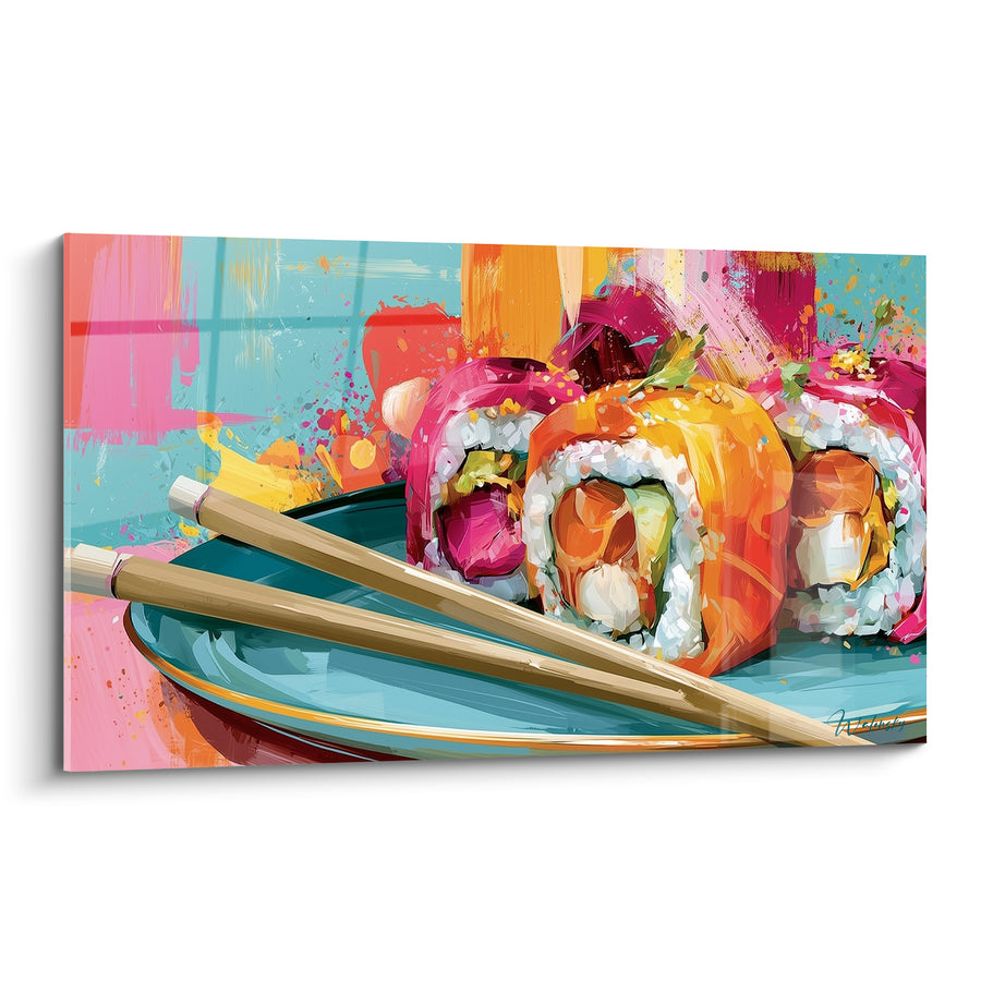 Tableau Sushi roll orange et rose sur assiette turquoise - Baguettes croisées en bambou - Edition Sushi