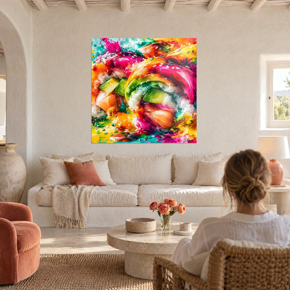Quadro di sushi maki brillante, riso bianco e avocado verde sotto un'onda fucsia, sopra un divano in un soggiorno luminoso