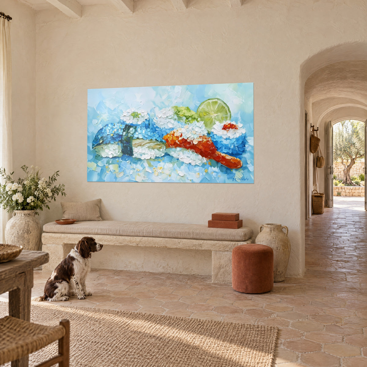 Wall art sushi with spatula-shaped white rice, orange salmon and green lime wheel, facing a spaniel in a Provençal farmhouse
