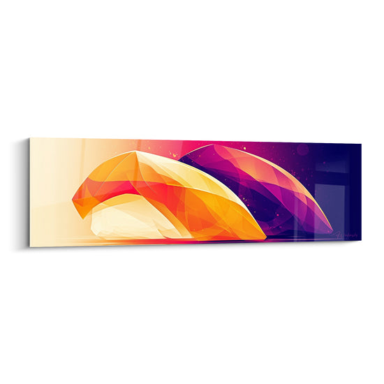 Sushi facetté aux teintes orange, rouge et violet profond sur fond dégradé lumineux
