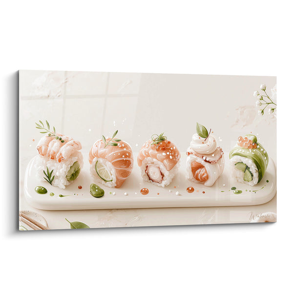 Tableau Sushis roulés saumon et concombre sur plat blanc - Raffinement gourmand - Edition Sushi
