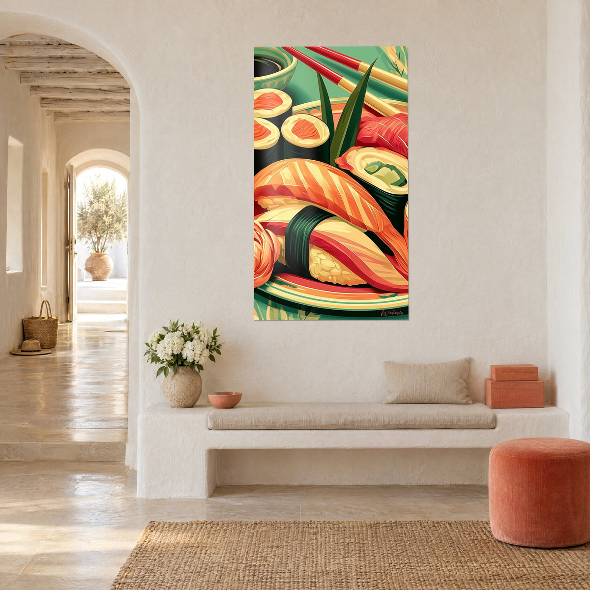 Wall art sushi assortment with orange and coral stripes, black nori and mint green background, whitewashed wall, stone bench and terracotta jar