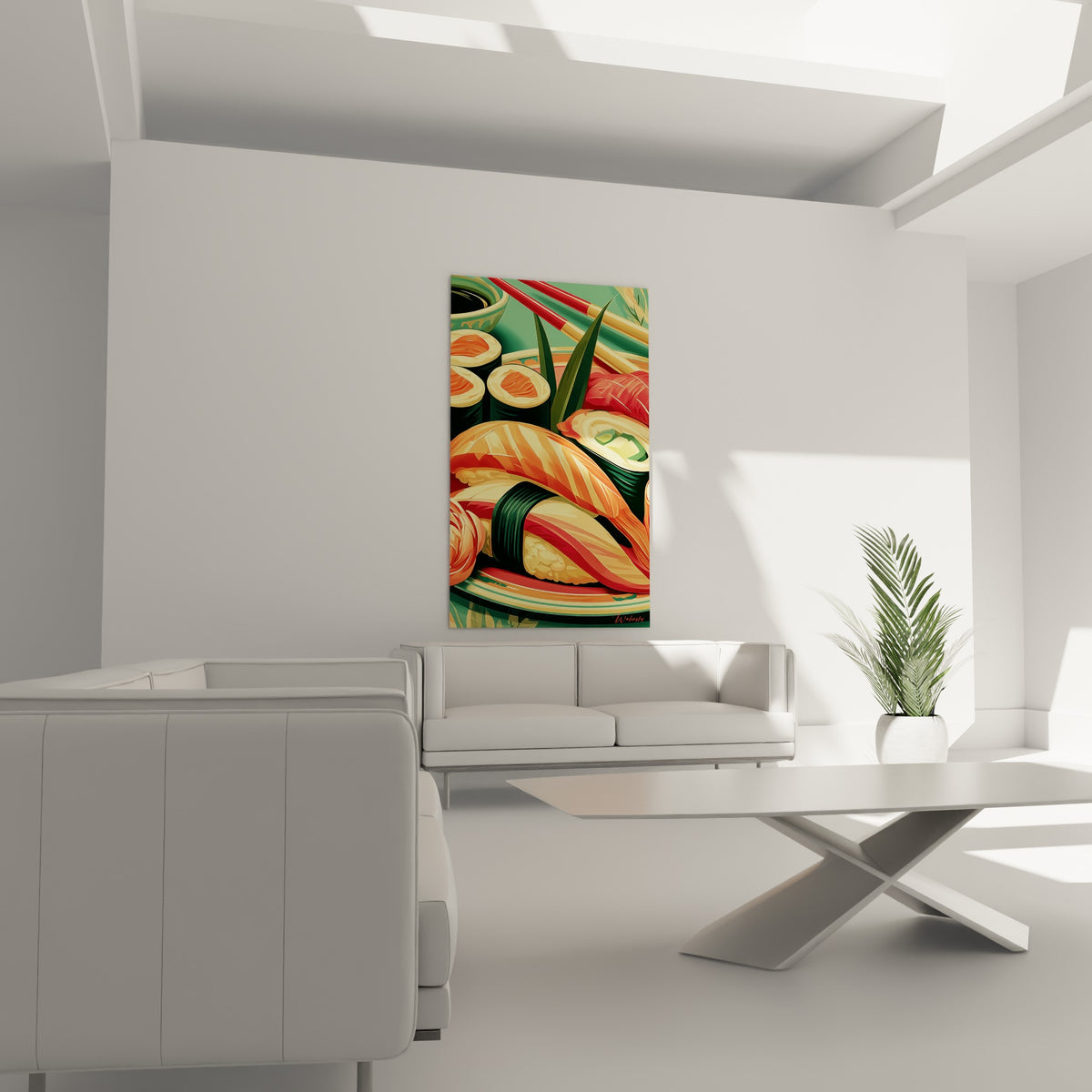 Plateau de sushis orangés et sauce soja sombre accroché au-dessus d'un canapé dans un salon lumineux