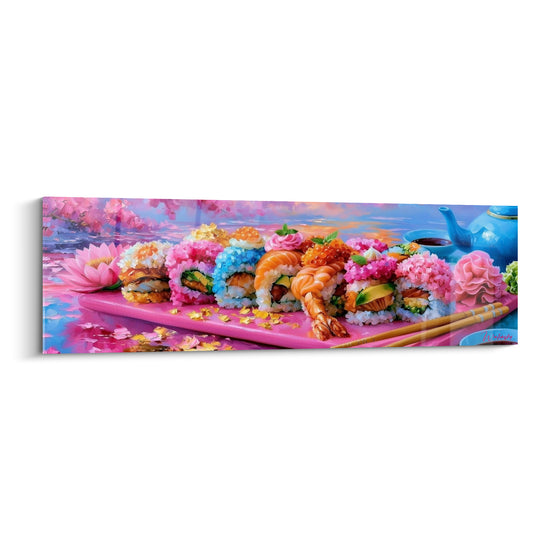 Plateau de sushis roses et bleus peint avec fleurs de cerisier et théière turquoise