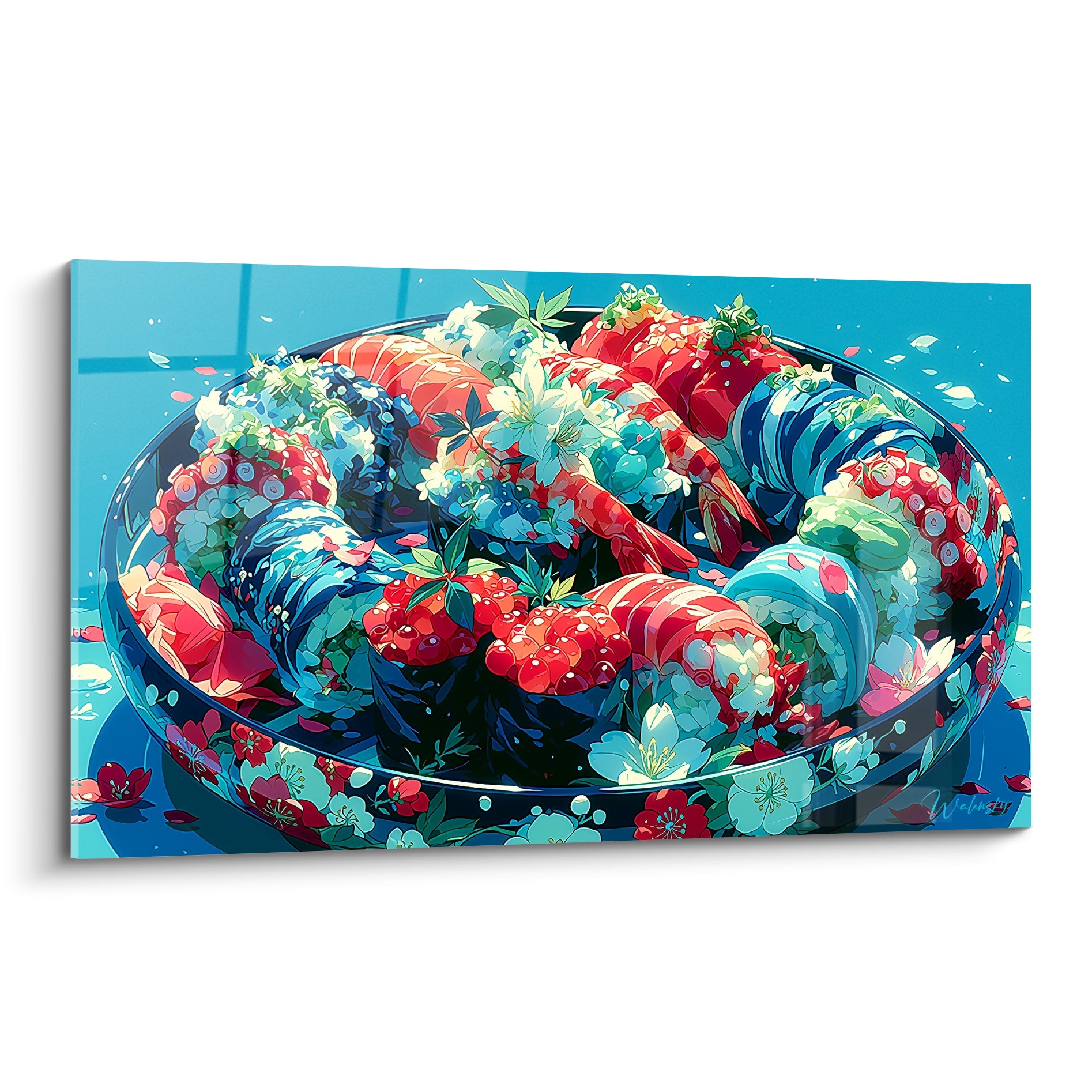 Plateau de sushis rouge vermillon et bleu turquoise entouré de fleurs de cerisier illustré