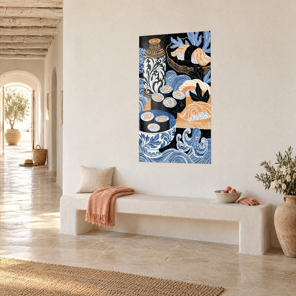 Wall art Sushi engraving in orange and black, cobalt blue bowl and stylized waves, three-quarter view on a cream entrance wall