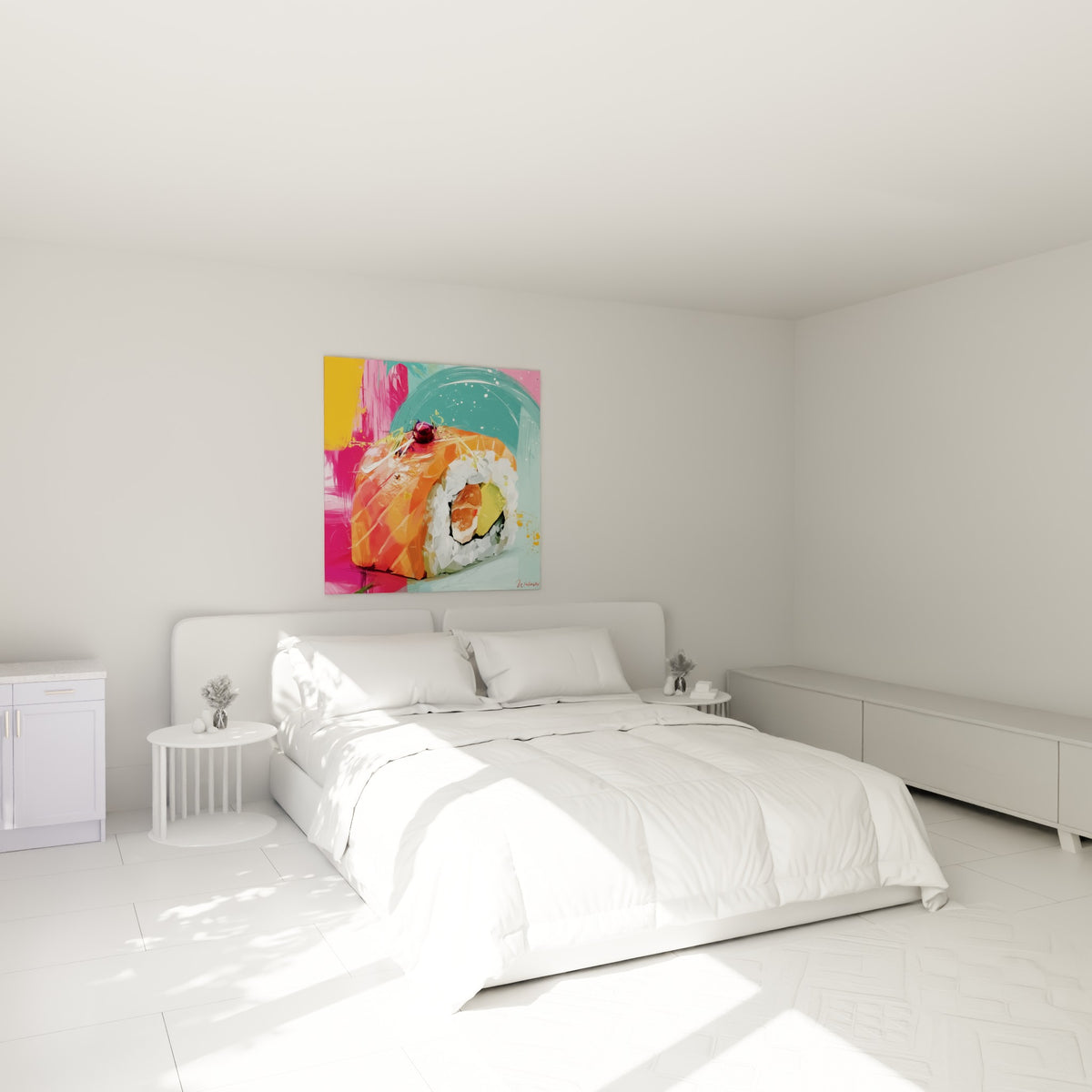 Saumon orange et riz blanc peints avec éclat, accrochés au-dessus d'un lit dans une chambre claire
