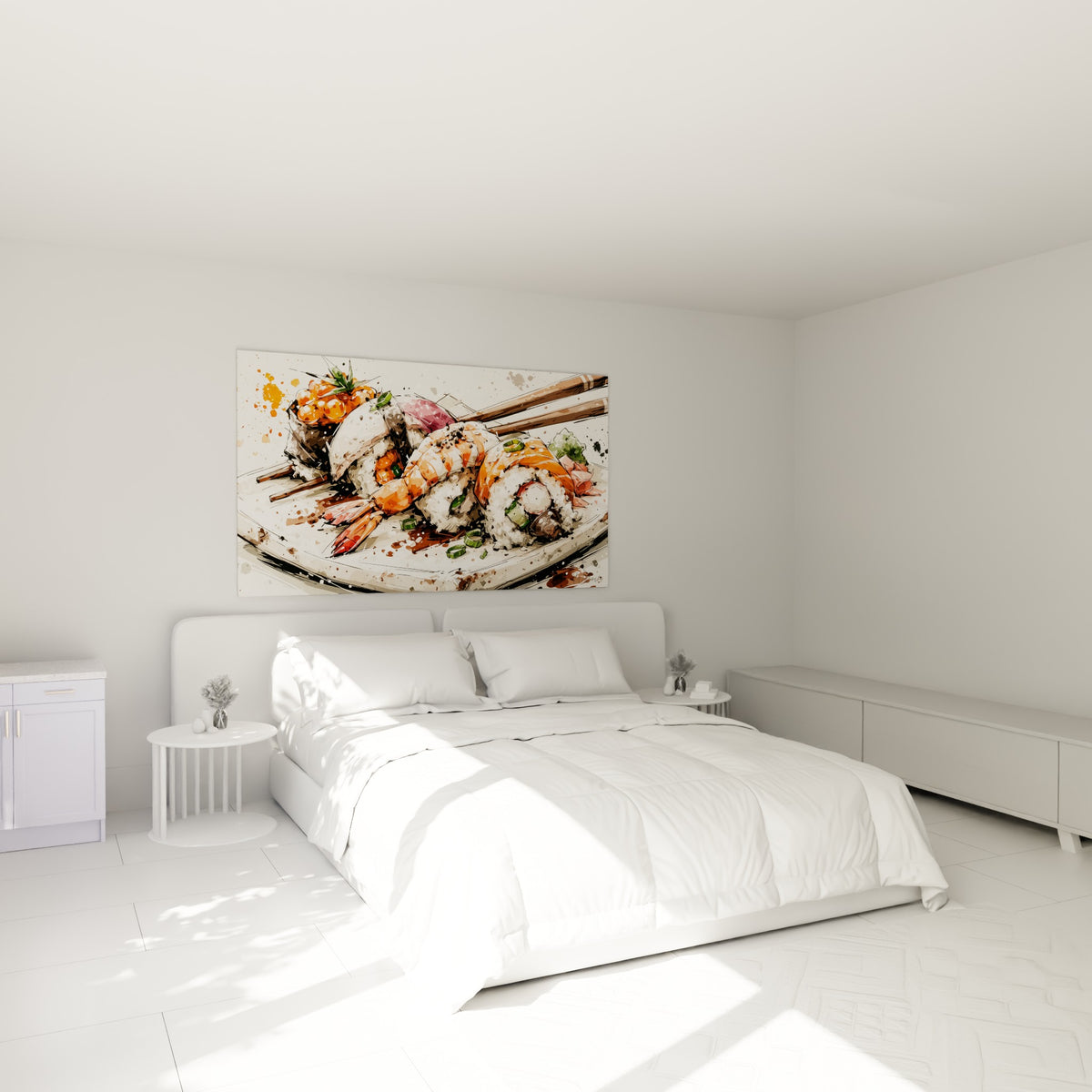 Crevette tempura orange et riz blanc sur toile accrochée au-dessus d'un lit dans une chambre claire