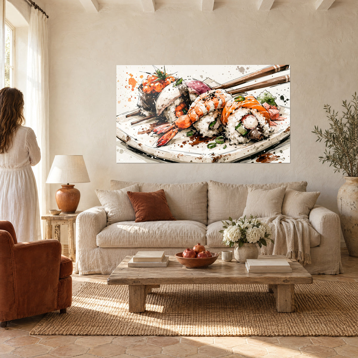 Cuadro gamba tempura naranja y blanca sobre arroz, palillos marrones, salpicaduras de azafrán, encima de un sofá en un salón luminoso