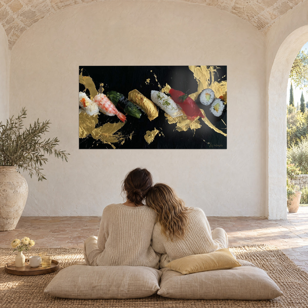 Tableau sushis étincelants, thon rouge, riz ivoire et traînées d'or sur fond noir, deux personnes enlacées sur coussins, mas provençal