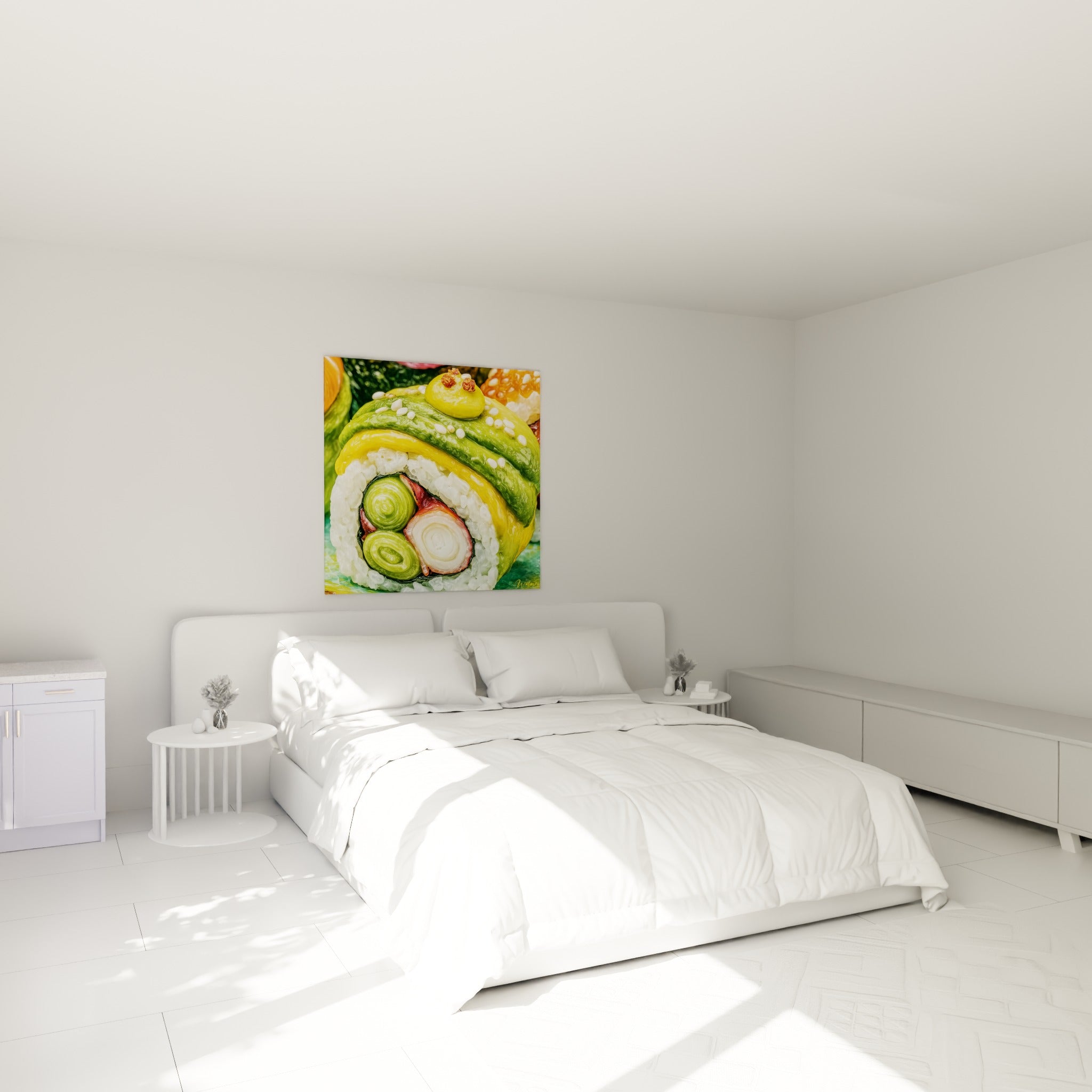 Rouleau de sushi vert et jaune moutarde accroché au-dessus d'un lit dans une chambre claire