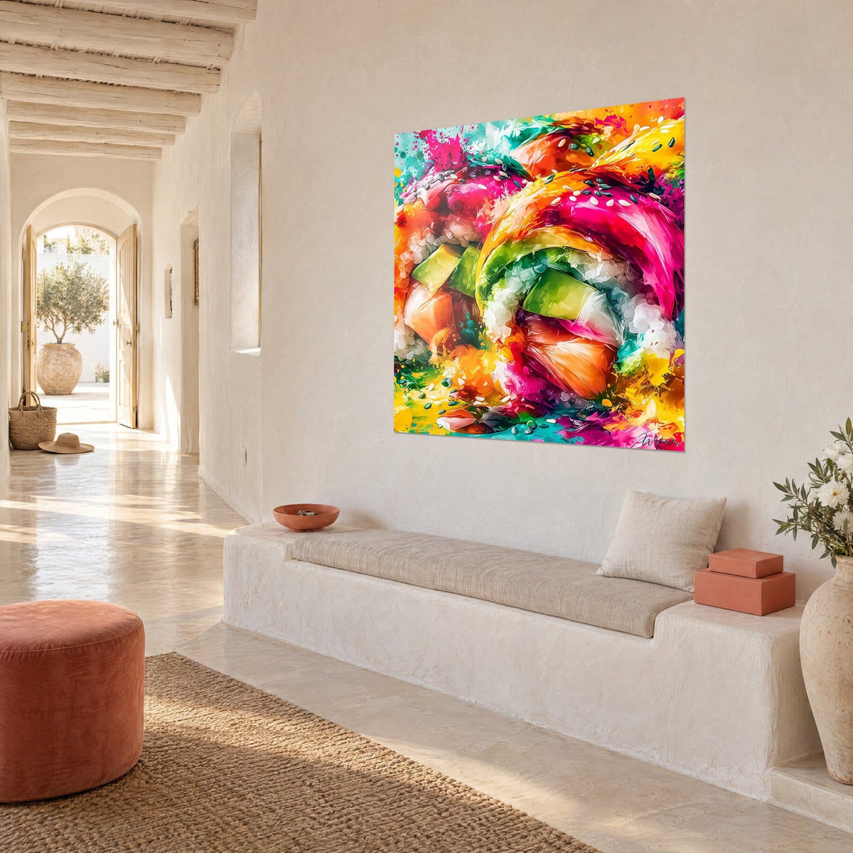Quadro di rotolo di riso con salmone arancione, fetta di avocado verde anice e sesamo, parete bianca di una casa mediterranea