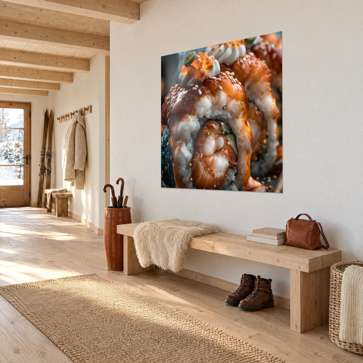Tableau rouleau de sushi au saumon orangé, grains de sésame et riz blanc vapeur, vu de trois quarts dans un couloir de chalet