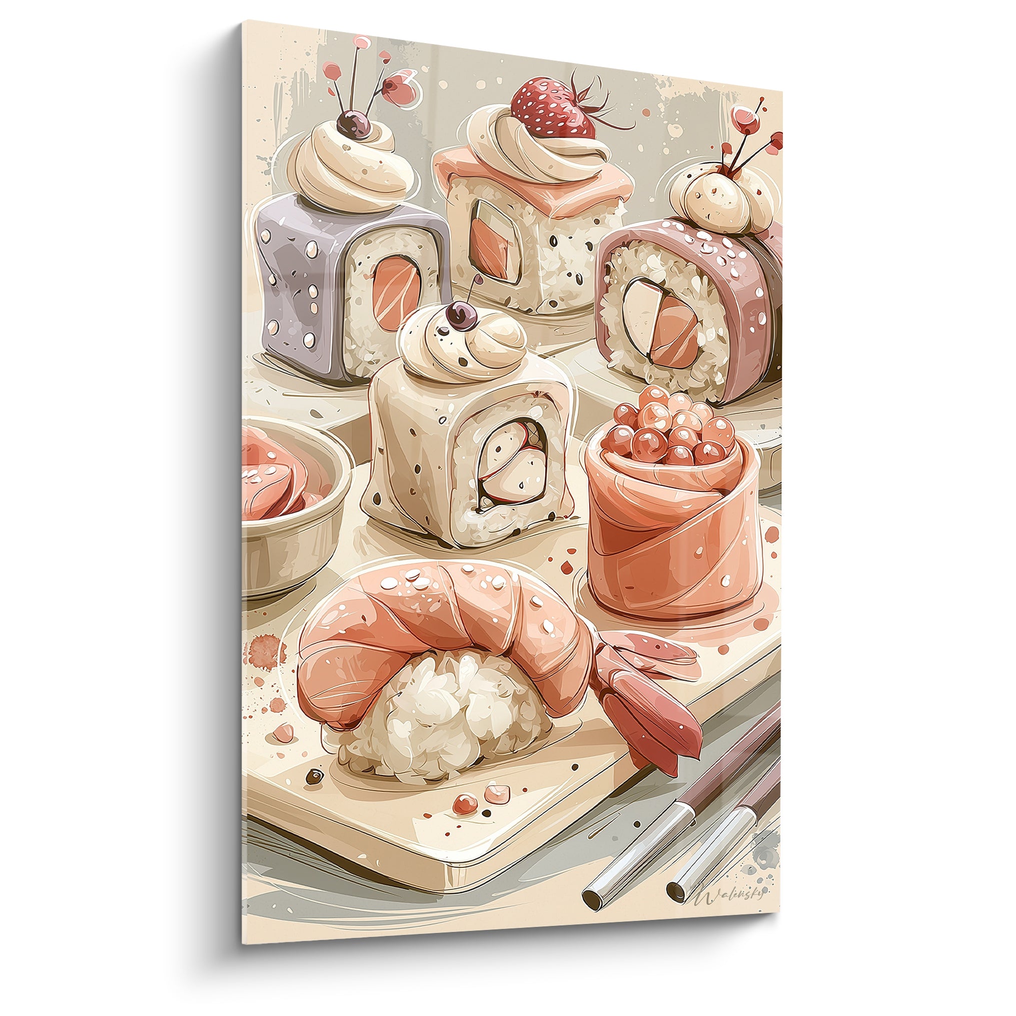 Sushi rose saumon et beige illustré, plateau de makis avec crevette et œufs de saumon