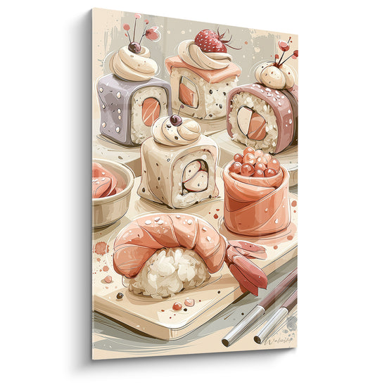 Sushi rose saumon et beige illustré, plateau de makis avec crevette et œufs de saumon