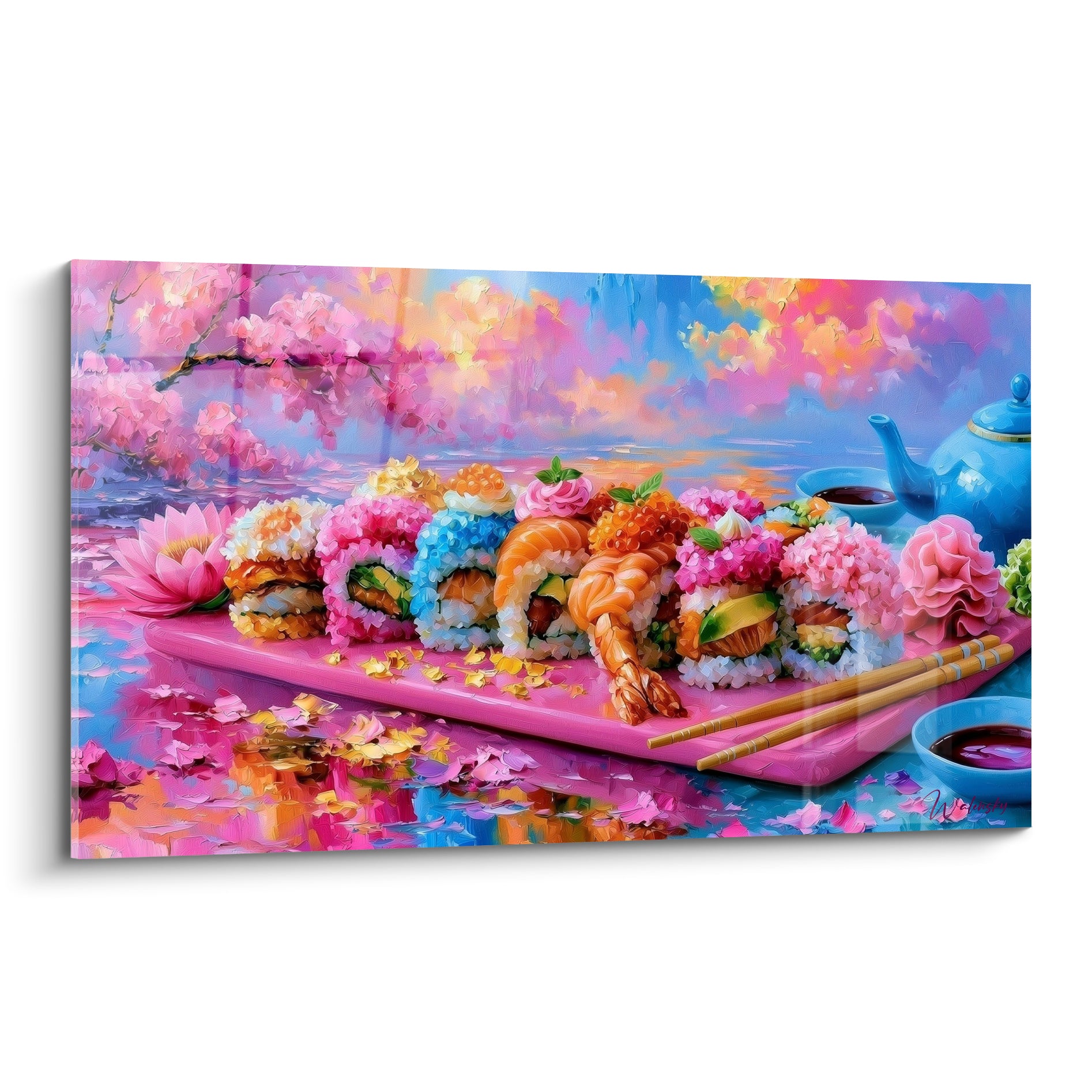Plateau de sushis roses et bleus garni de fleurs de cerisier peintes à la spatule