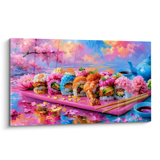 Plateau de sushis roses et bleus garni de fleurs de cerisier peintes à la spatule