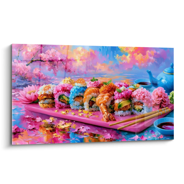 Tableau Plateau de sushis roses et bleus fleuris - Festin fleuri - Edition Sushi