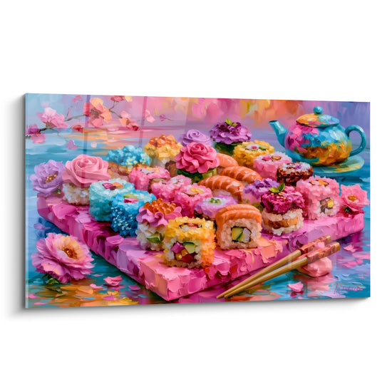 Sushi multicolore rose et bleu pastel disposé sur plateau fleuri avec théière turquoise