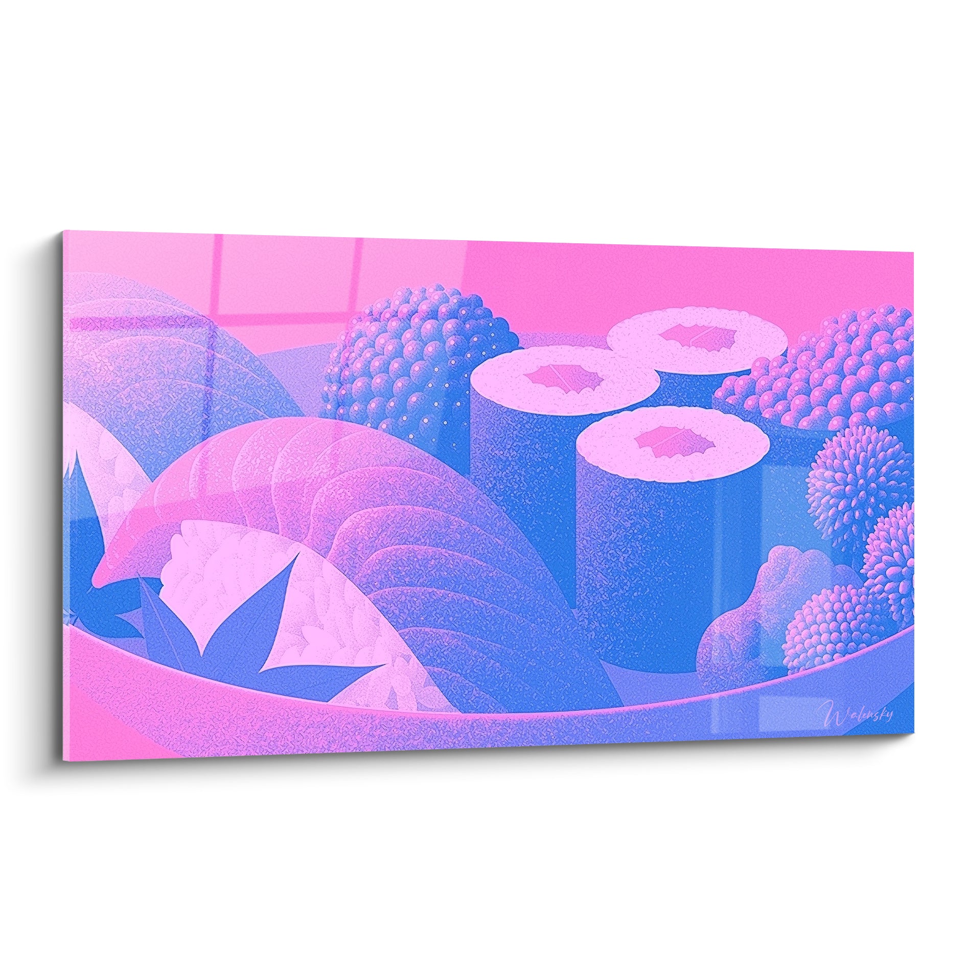 Trois makis roses et bleu marine texturés se détachent sur un fond rose fluorescent lumineux.