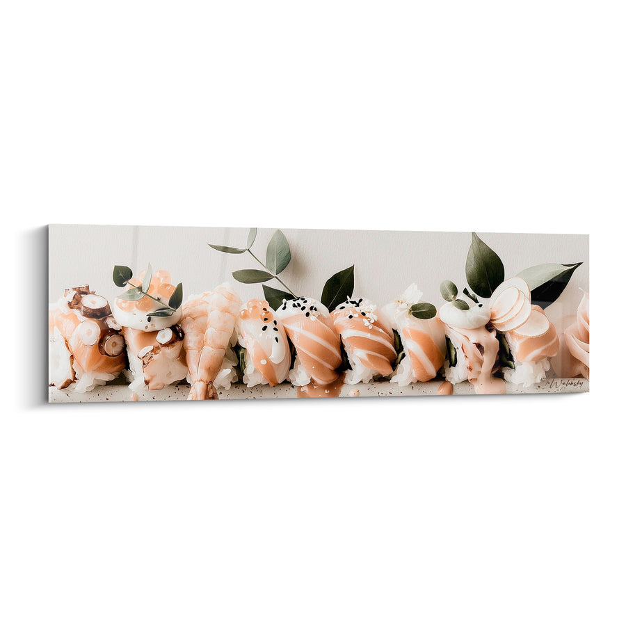 Tableau Nigiri crevette pêche et blanc en rangée sur brindilles d'eucalyptus - Ligne panoramique délicate - Edition Sushi