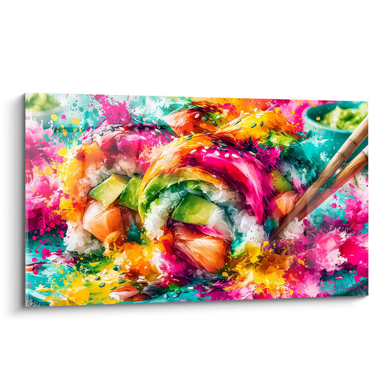 Rouleau de sushi éclaboussé de rose fuchsia et vert avocat, baguettes en bambou en diagonale.