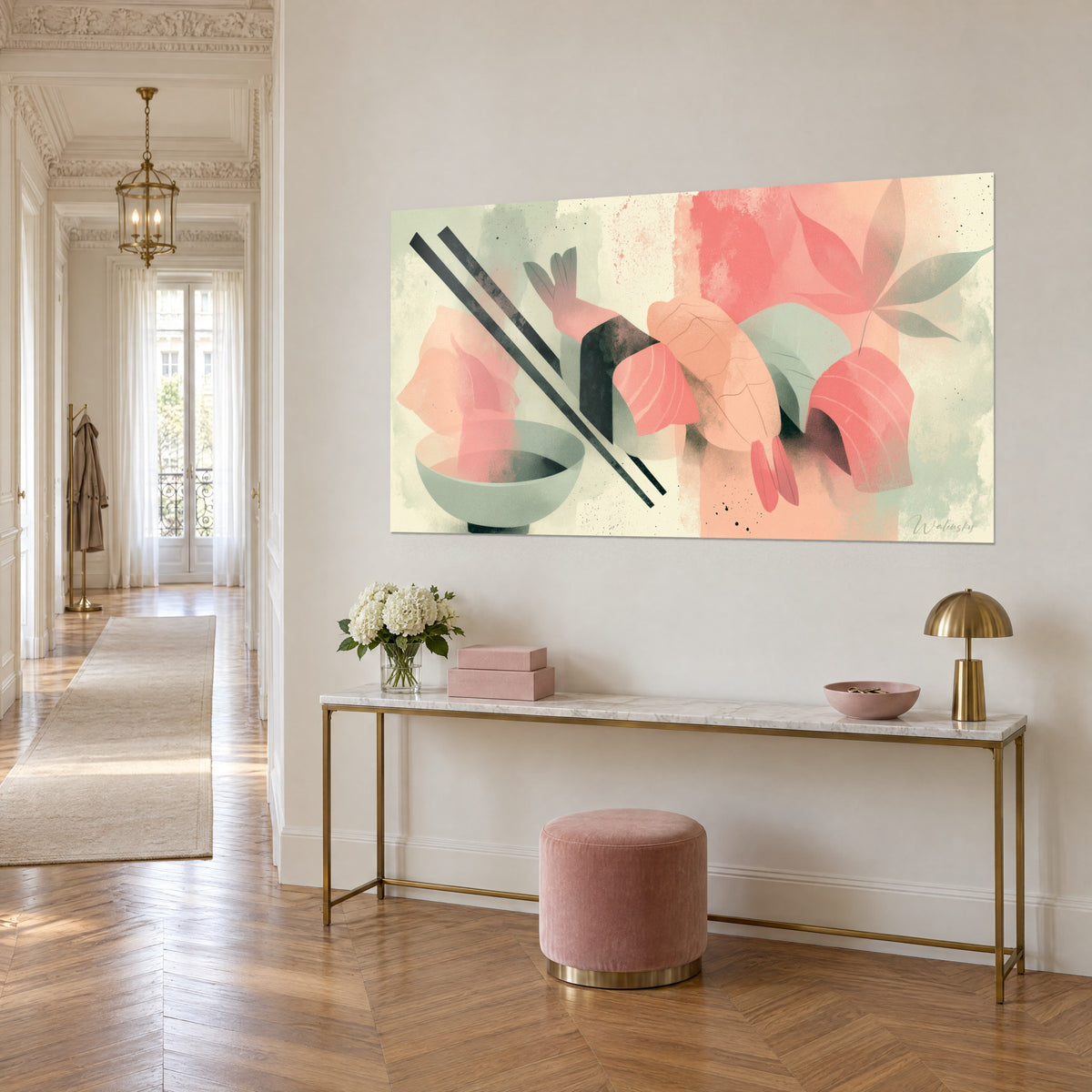 Cuadro de lonchas de pescado coral y hojas de arce estilizadas verde salvia, cuenco pastel, consola dorada en un pasillo haussmanniano