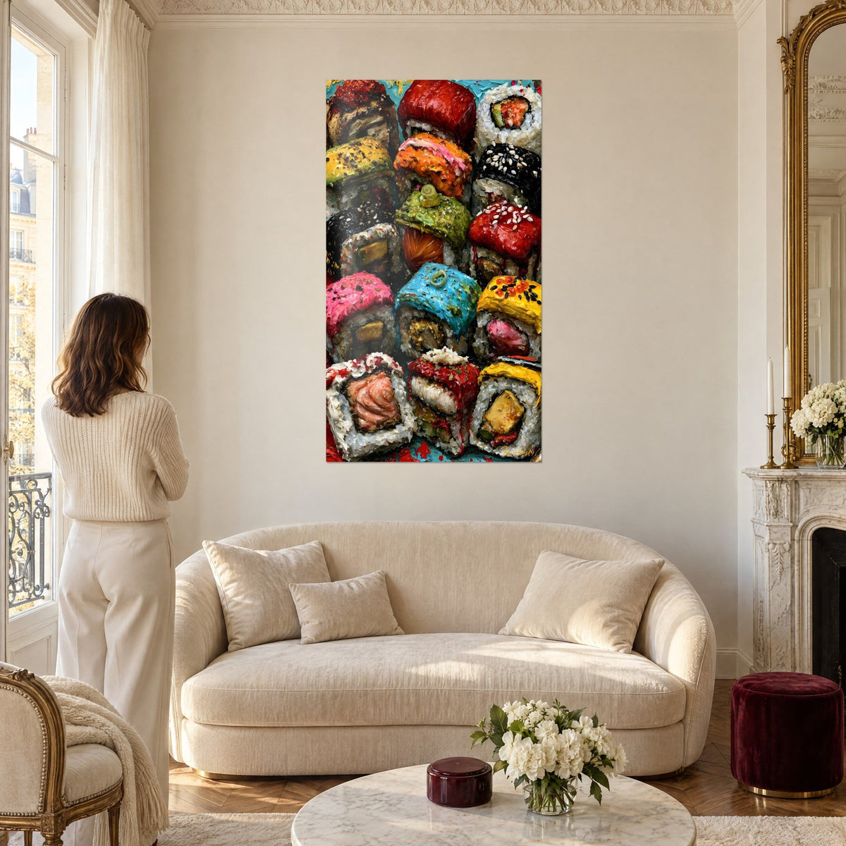 Wall art stacked maki rolls in thick impasto paint, red, yellow and turquoise washes, woman seen from behind, above a sofa in a bright living room