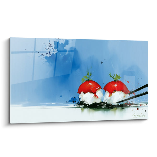 Tableau Sushis rouges et blancs saisis aux baguettes - Bouchée savoureuse - Edition Sushi