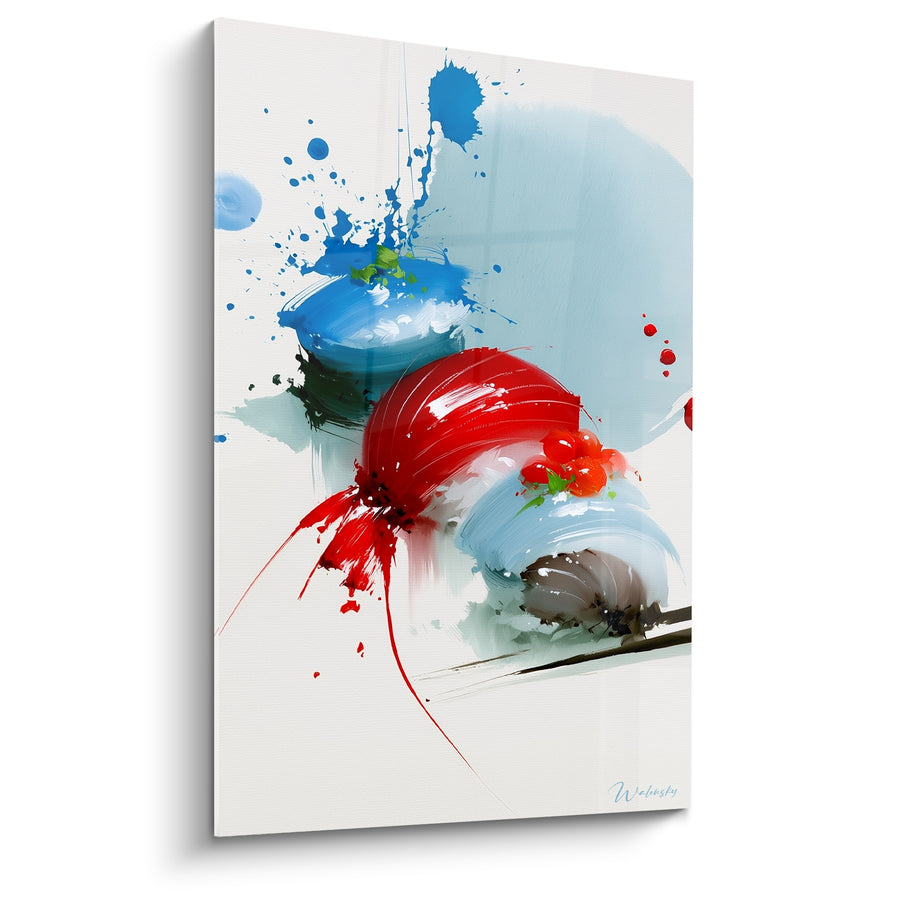 Tableau Nigiri rouge et bleu aux œufs de poisson - Coulures verticales fines - Edition Sushi