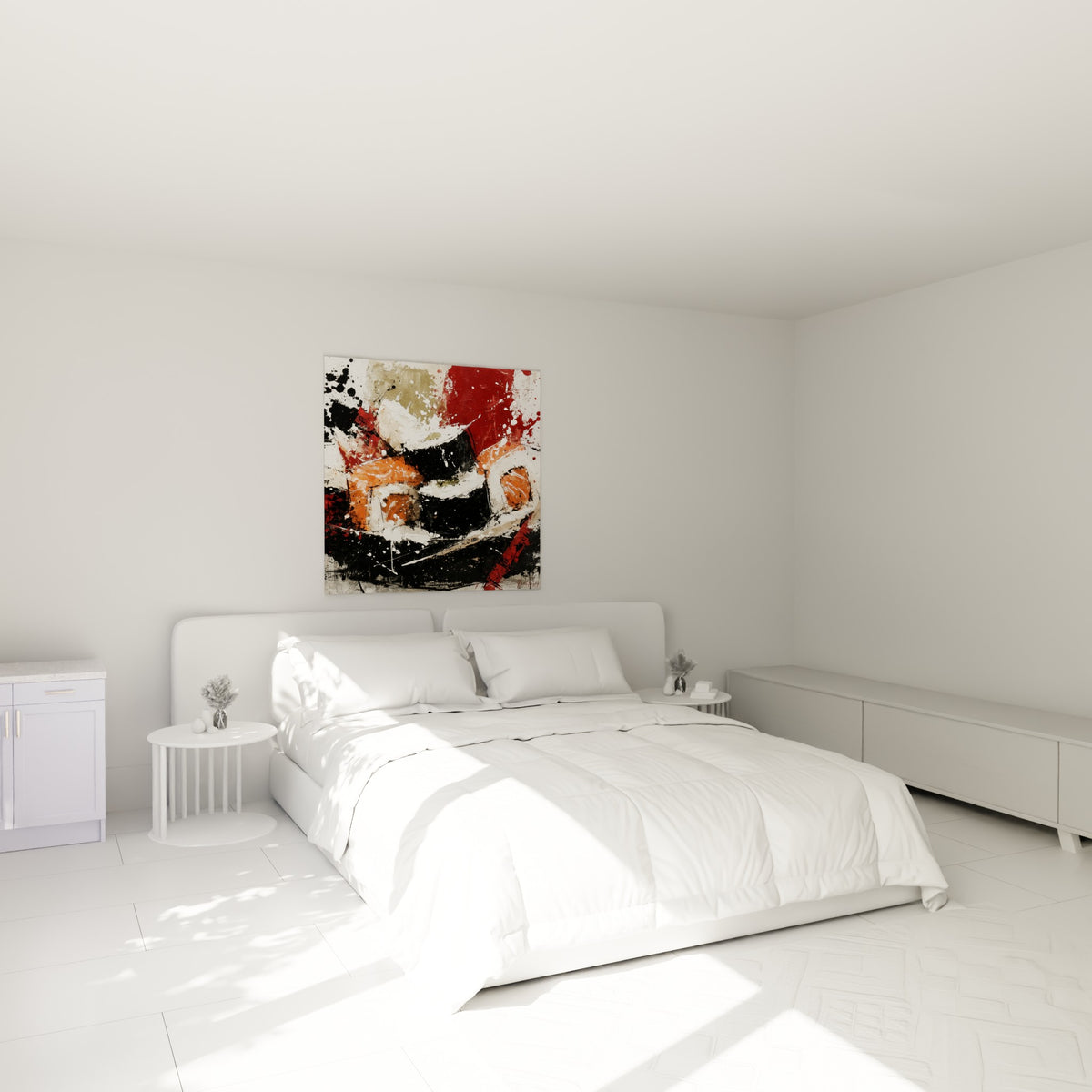 Rouleaux de sushi orange et noir accrochés au-dessus d'un lit dans une chambre claire et épurée