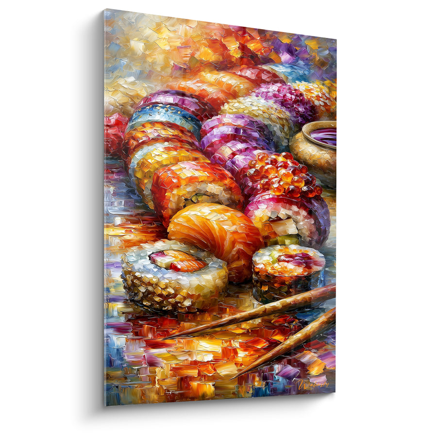 Tableau Sushi roll violet et orange aux œufs de poisson - Bol de sauce doré - Edition Sushi