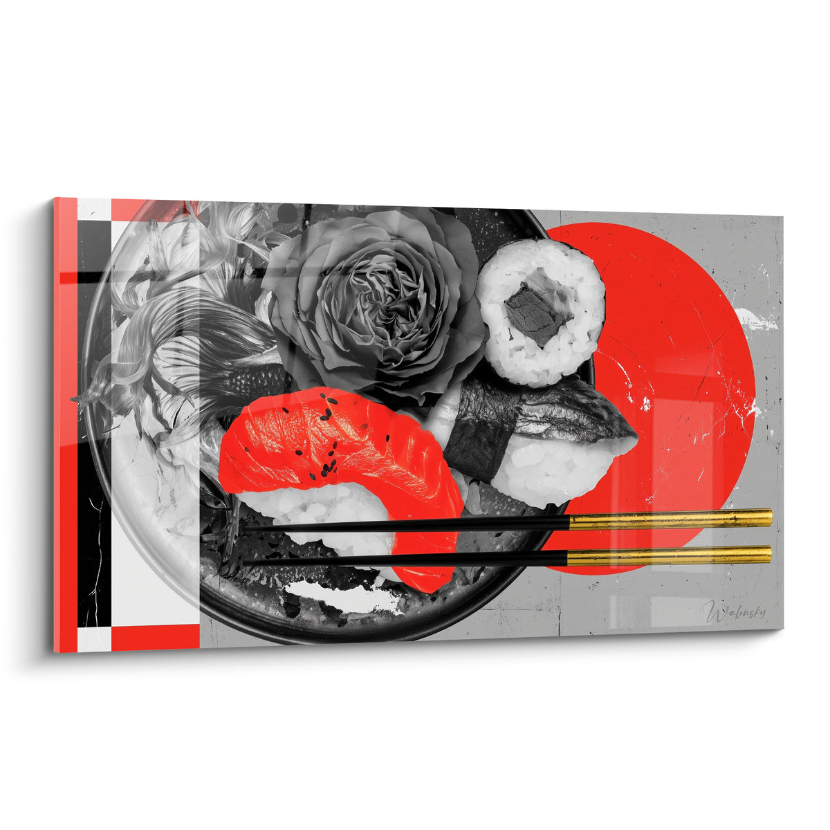 Assiette de sushis rouge et gris avec rose noire, baguettes dorées et disque rouge symbolique