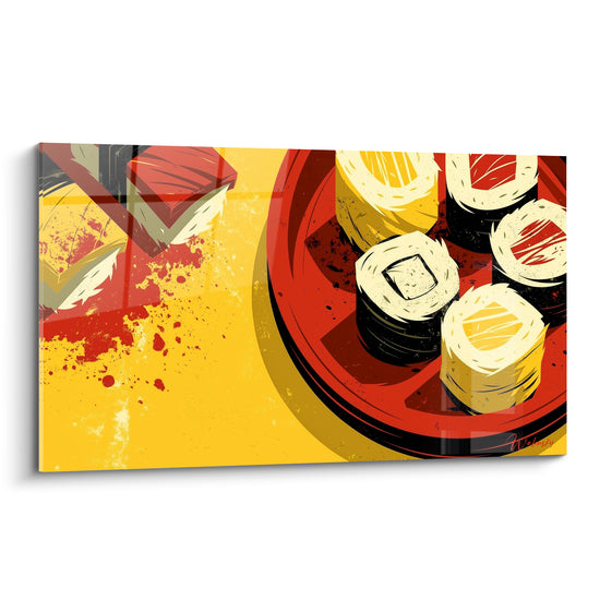 Makis japonais sur assiette rouge, fond jaune vif, style graphique et éclaboussures d'encre