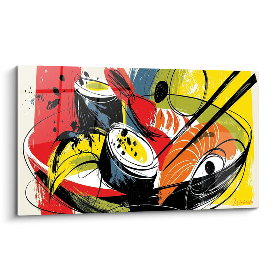 Sushi rouge et jaune en pop art, rouleaux noirs et sashimi orangé, baguettes croisées