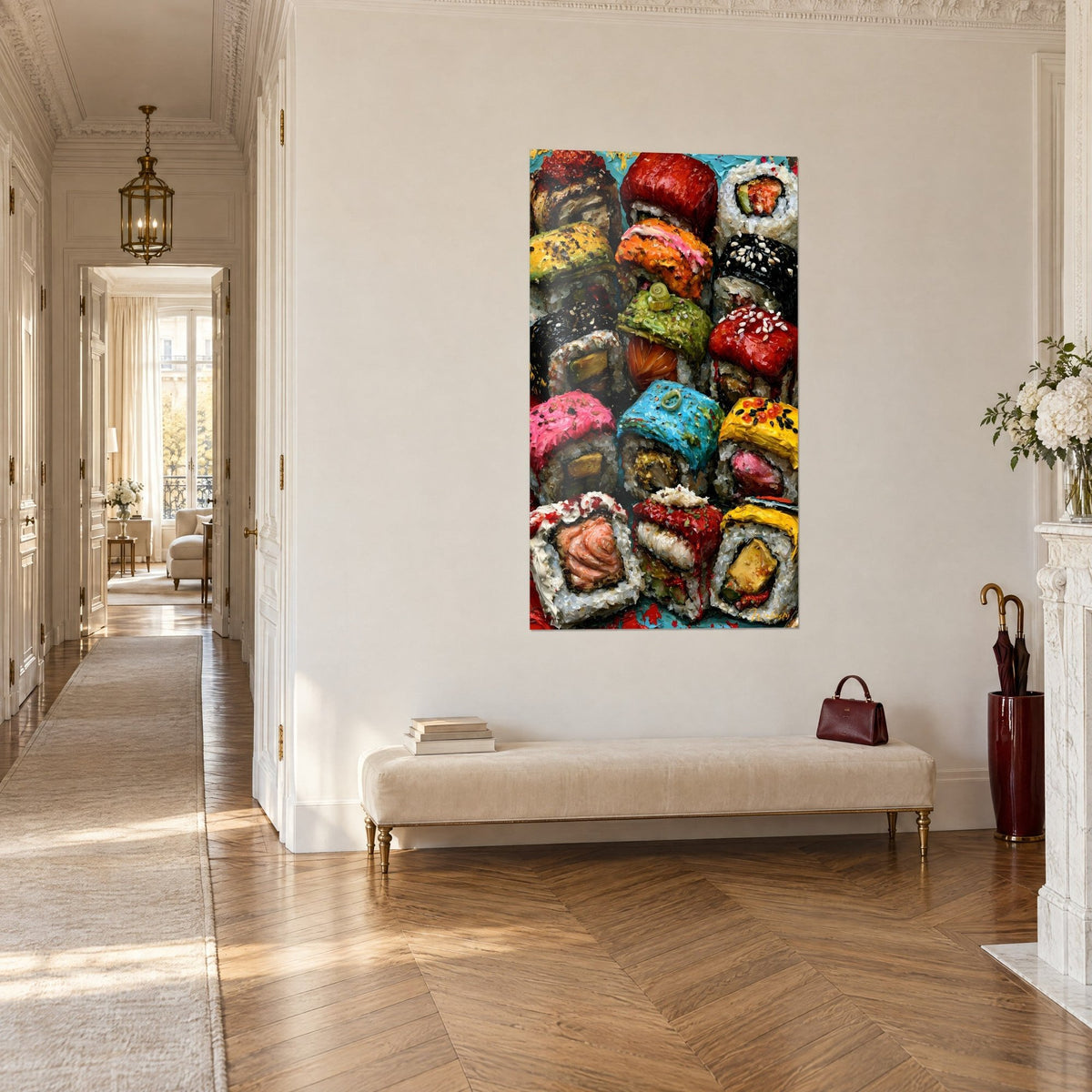 Wall art checkerboard of rice rolls, candy pink, avocado green and black sesame tops, on a beige wall, Haussmann-style corridor in perspective