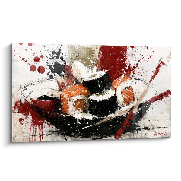 Tableau Sushi roll noir et orange sur assiette éclaboussée - Assiette ovale peinte - Edition Sushi