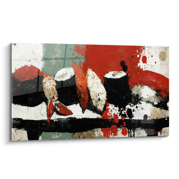 Tableau Nigiri crevette rouge et noir en rangée - Cachet rond doré - Edition Sushi