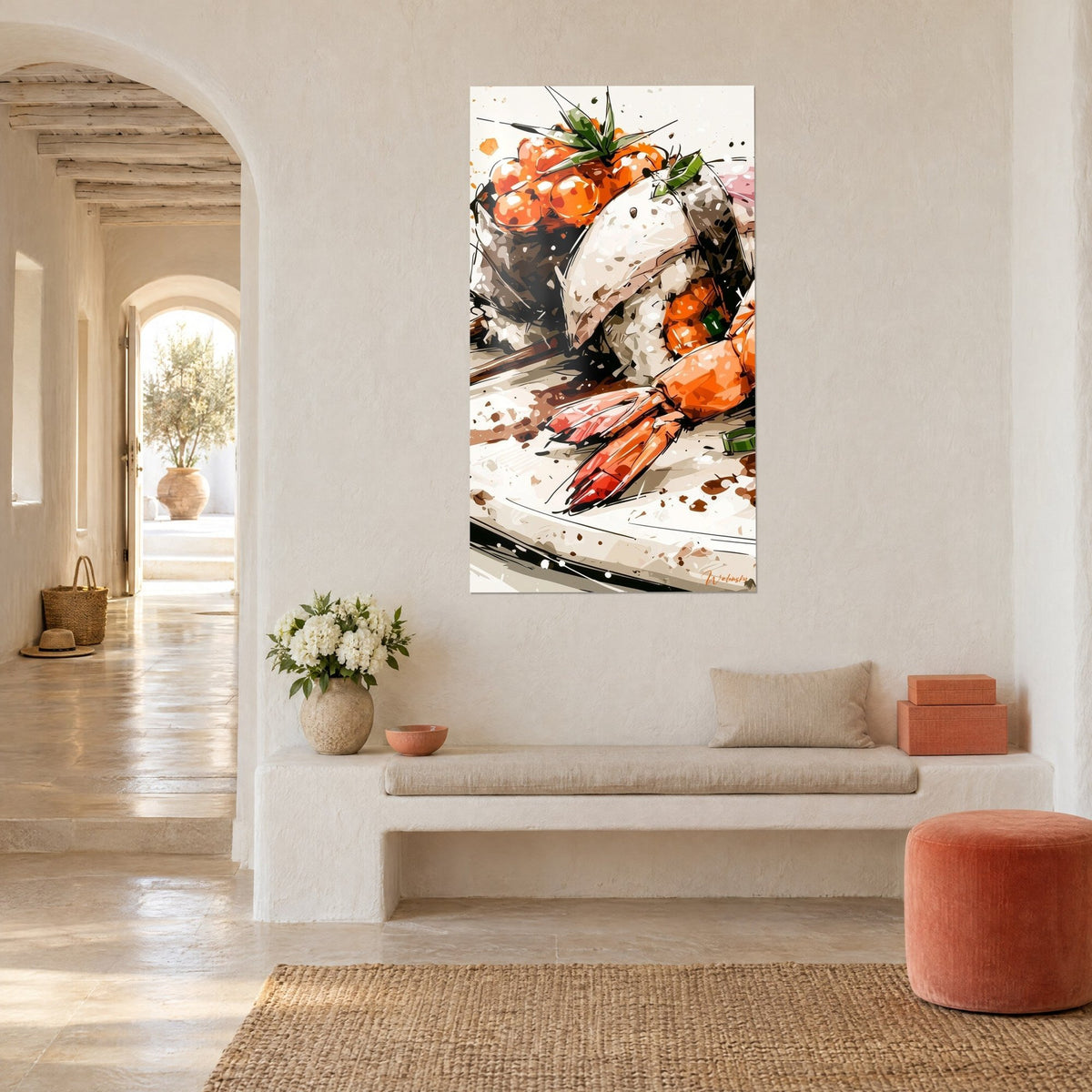 Schilderij geïllustreerde sushi, ivoorkleurige rijstbal met oranje viskuit en groene takjes, driekwartaanzicht, witte bank en koraalkleurige poef