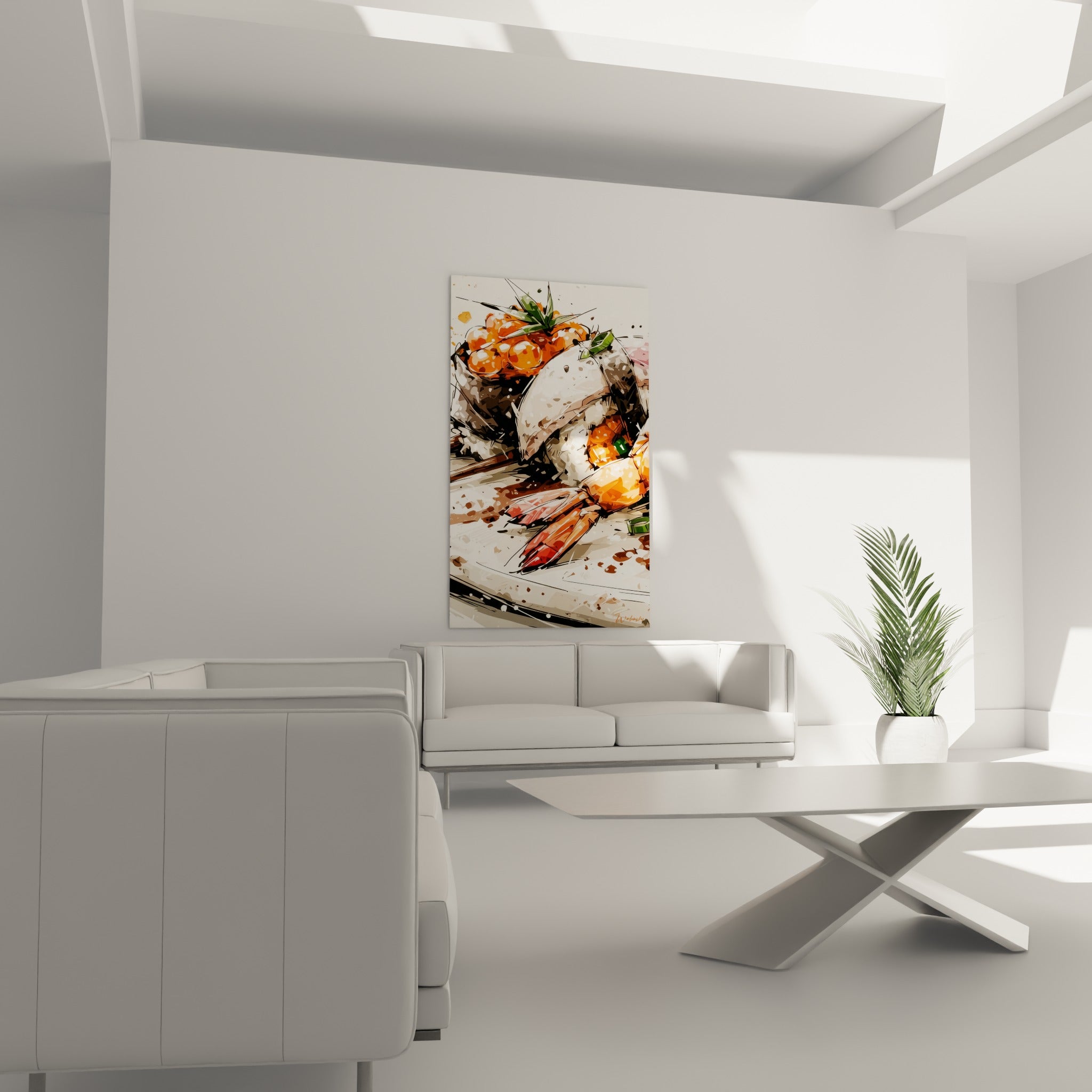 Assiette de sushi aux teintes orange et rouge suspendue au-dessus d'un canapé dans un salon lumineux