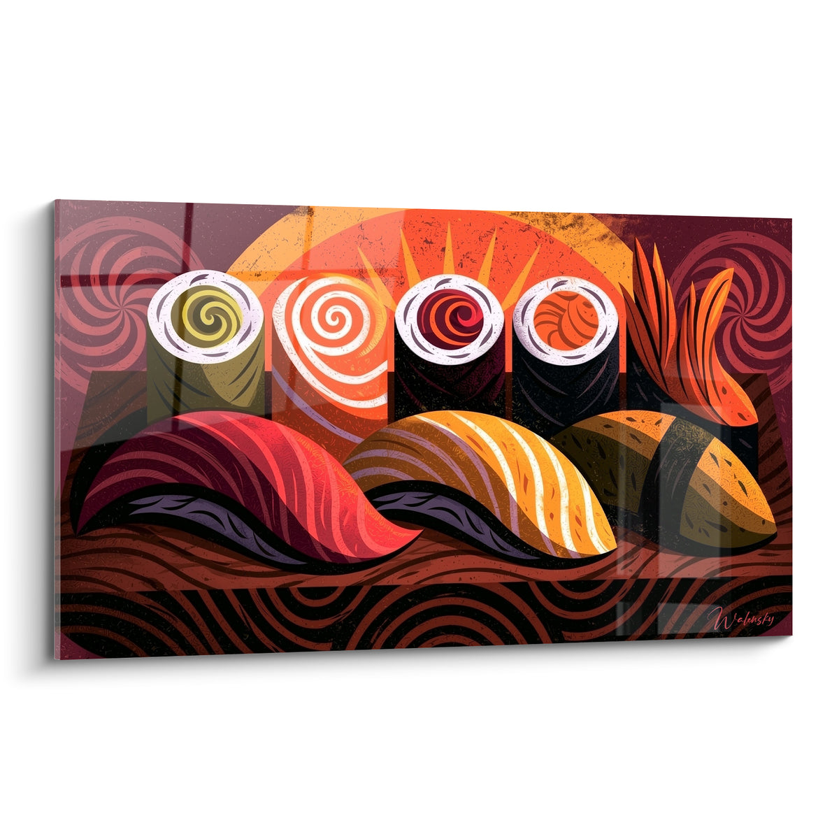 Sushi stylisé rouge et orange avec spirales colorées sur fond bordeaux graphique