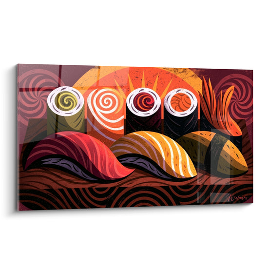 Sushi stylisé rouge et orange avec spirales colorées sur fond bordeaux graphique