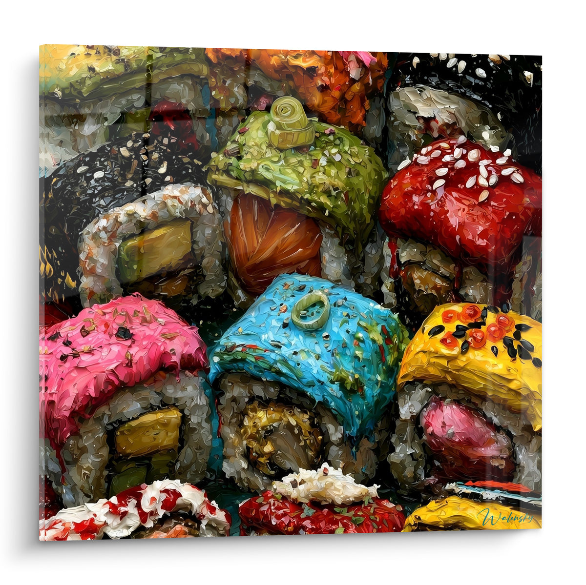 Sushis colorés en gros plan, textures riches rouge, rose et bleu turquoise sur fond sombre