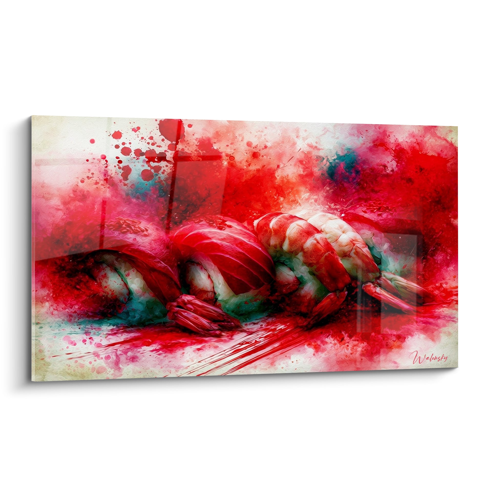 Sushi rouge vermillon et blanc éclaboussures d'aquarelle, composition abstraite intense et texturée