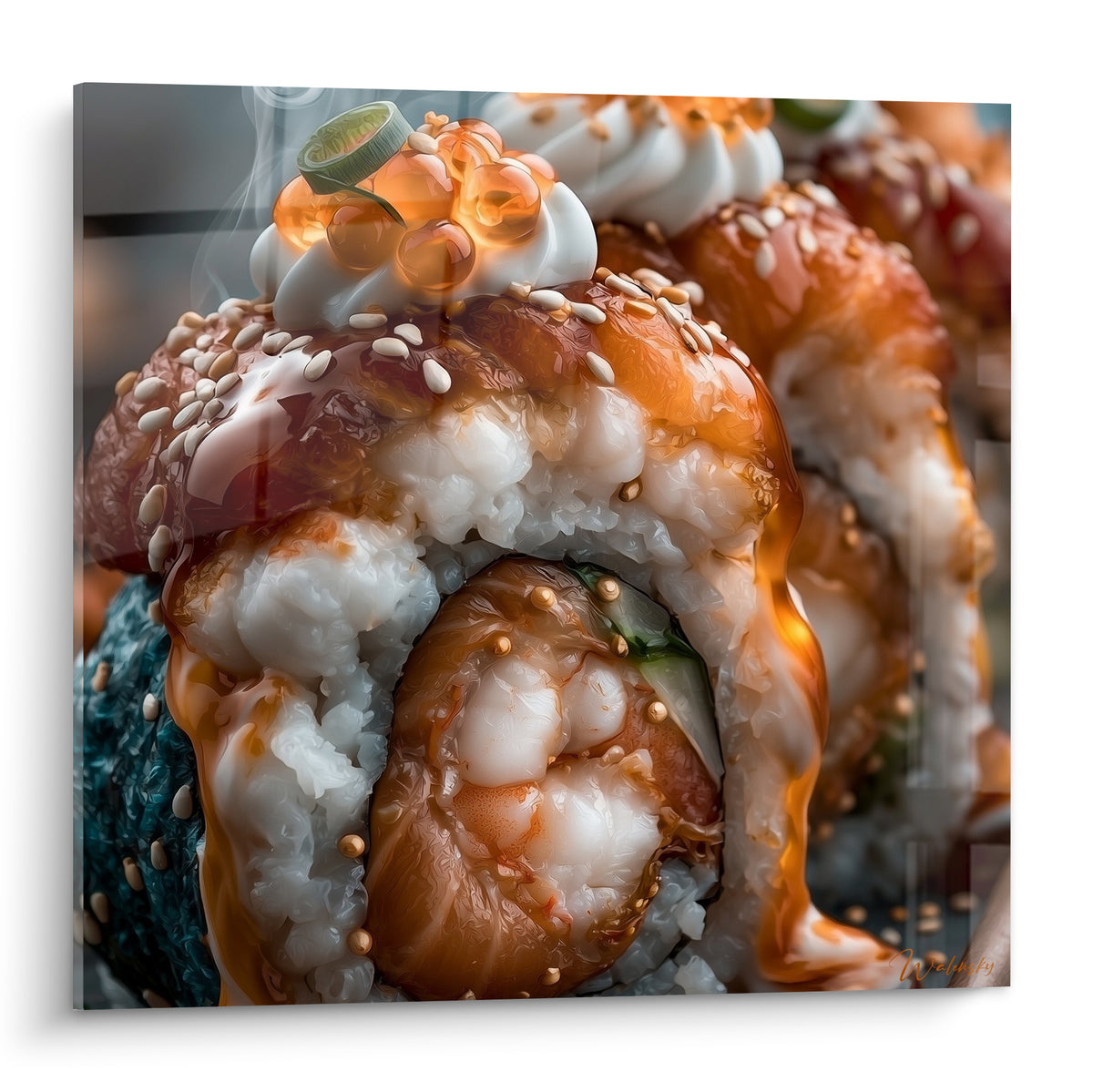 Roulé de sushi doré et nacré, sauce orangée et sésame, fumée s'échappant du plat frais
