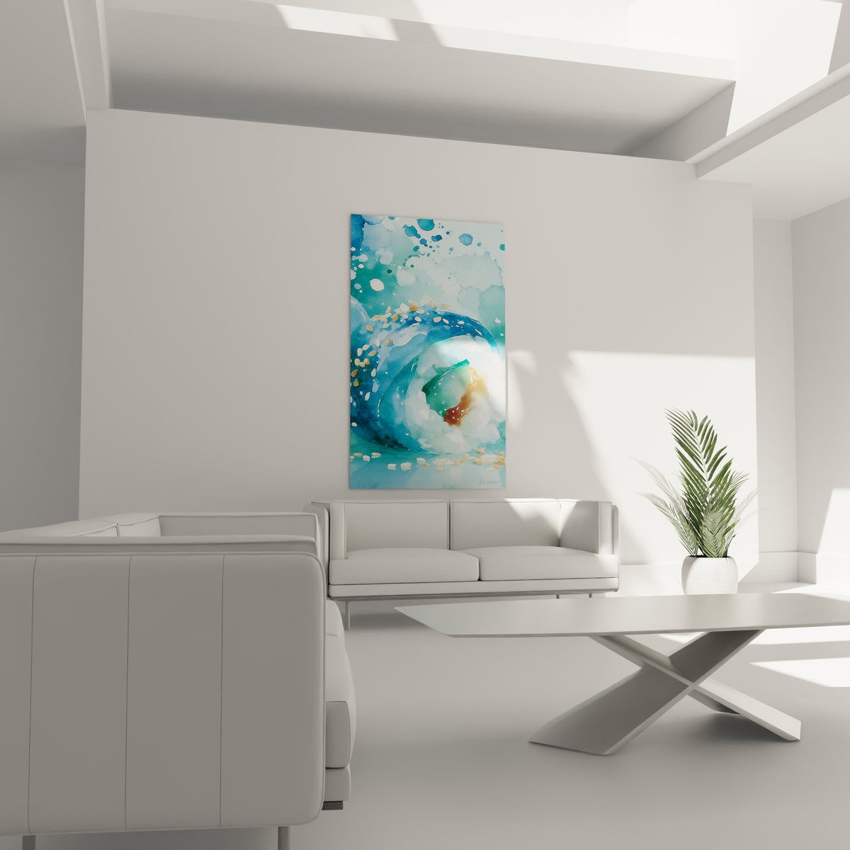 Rouleau sushi bleu marine et blanc accroché au-dessus d'un canapé dans un salon lumineux