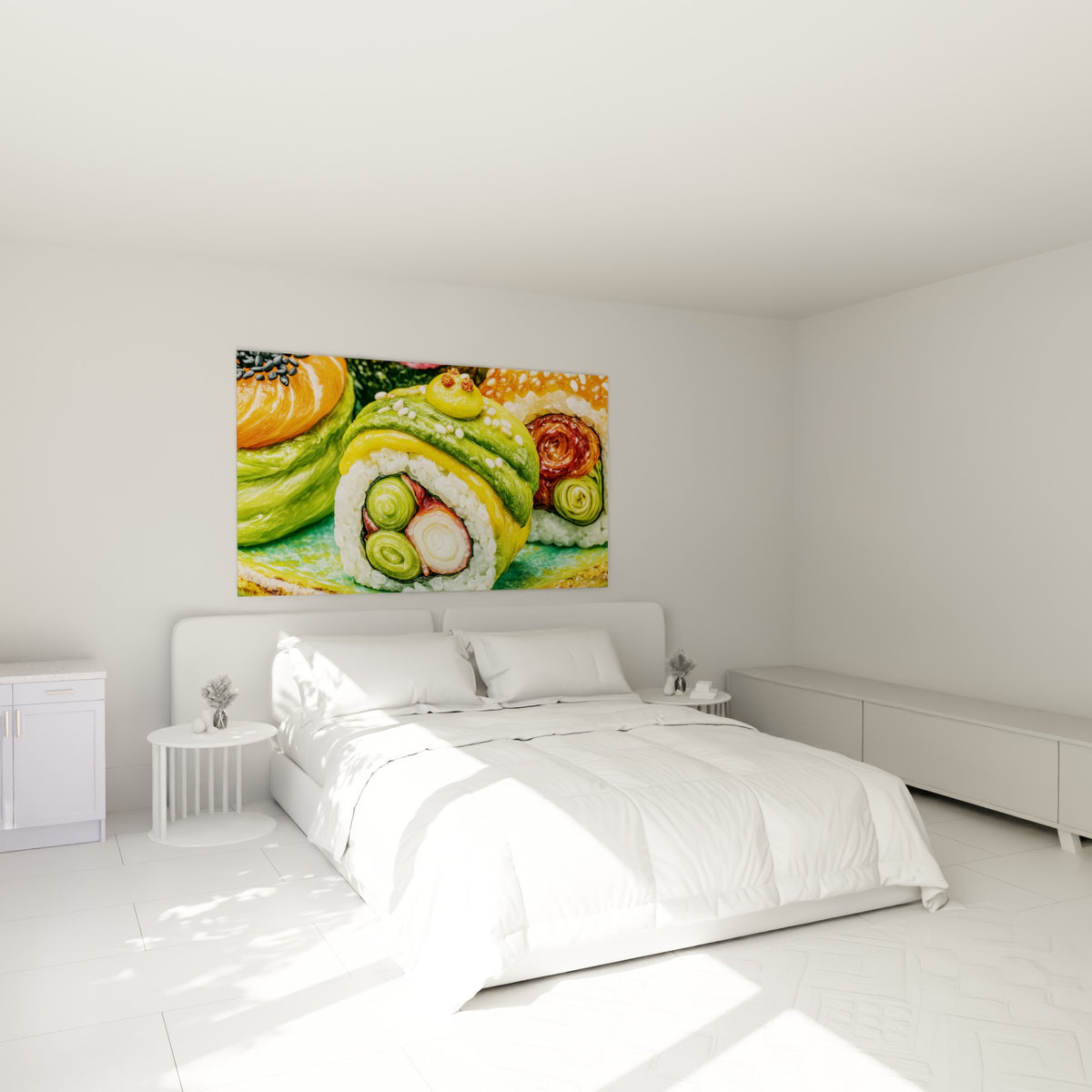 Composition de sushi vert et orangé au riz nacré, accrochée au-dessus d'un lit dans une chambre claire