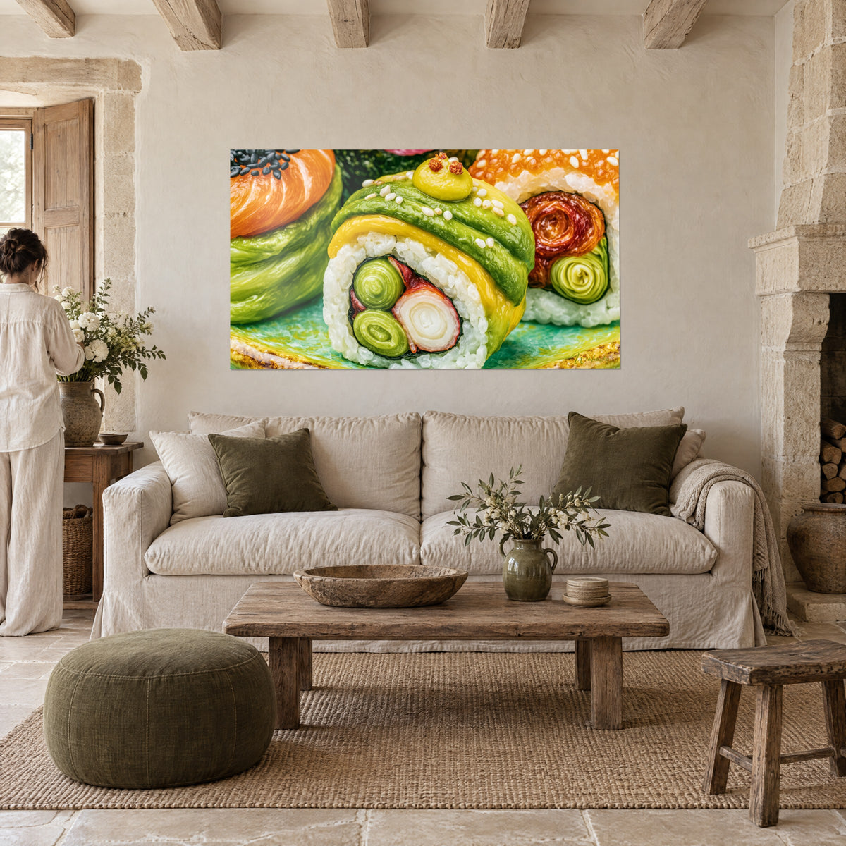 Obraz roladka sushi w szmaragdowej i maślanożółtej barwie, spirale ośmiornicy i perłowy ryż, nad sofą w jasnym salonie